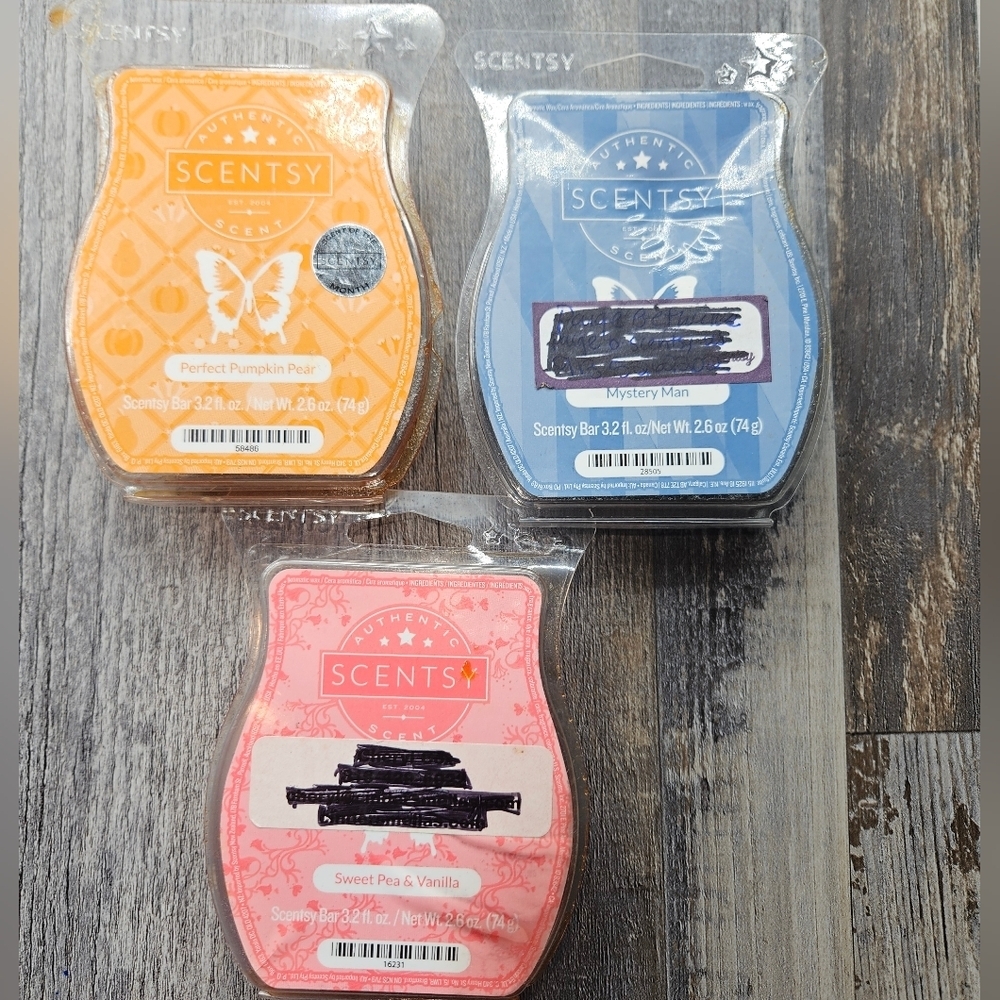 Scentsy Melting Wax Sweet Pea Vanilla,  Mystery Man, Pumpkin Pear